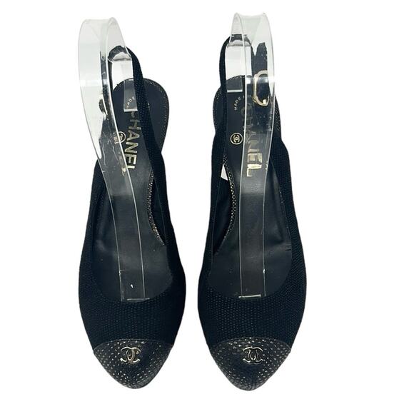 Chanel Tweed Slingback Cap Toe CC Logo Pumps Black Size 38 - Picture 4 of 12
